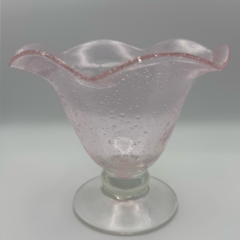 Vintage Blush Pink Art Glass Pedestal Bowl With Controlled Bubbles Scalloped Rim